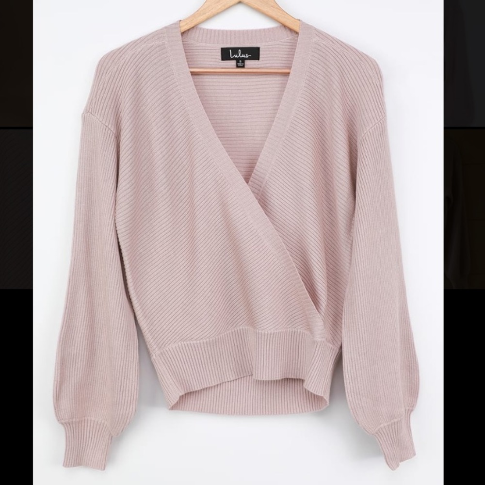 Lulus Taupe Ribbed Knit Faux Wrap Sweater